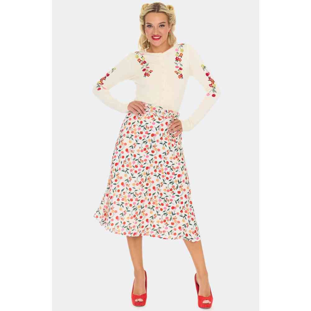 Voodoo Vixen - Floral Cherry Embroidered Strickjacke - Creme